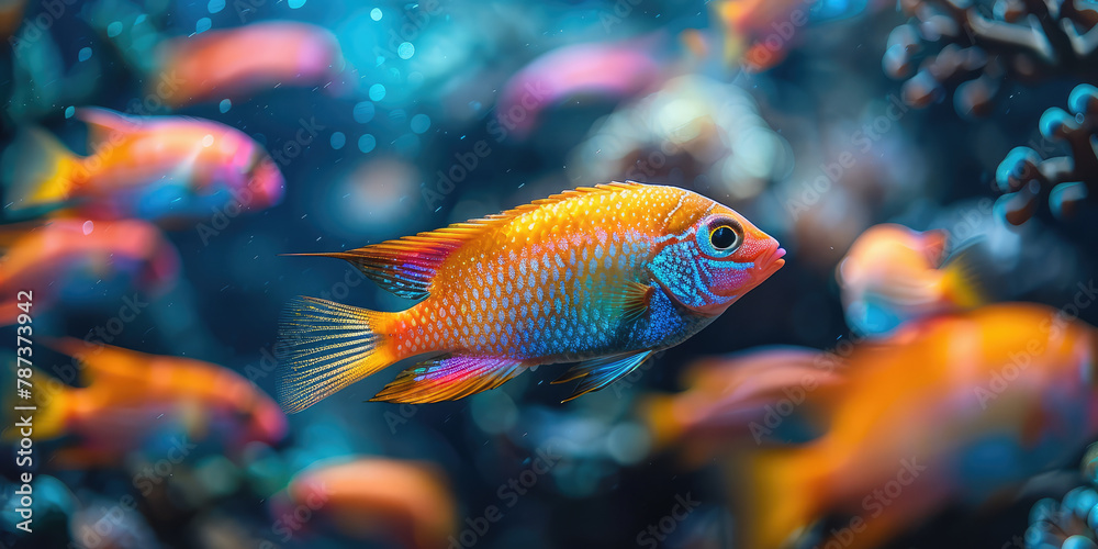  Red and yellow fish swimming in the sea, surrounded by coral reefs. The background is blurred with underwater light effects. Created with Ai