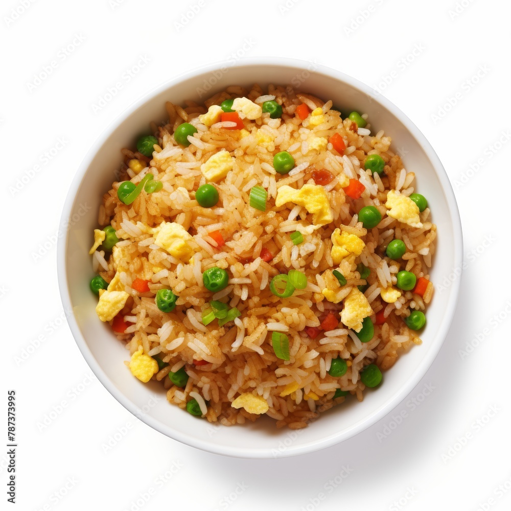 Traditional Asian dish, rice with vegetables and egg in a plate on a white background. Traditional Asian dish, rice with vegetables and egg in a plate on a white background.