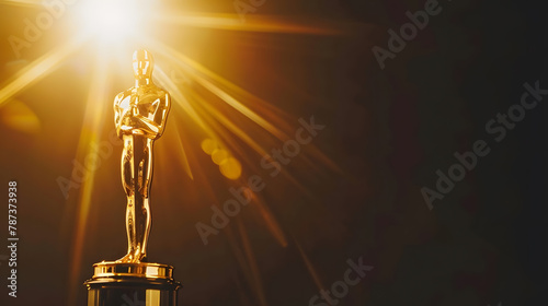 Hollywood Golden Oscar Academy award statue on light rays on black background with copy space Success and victory concept : Generative AI photo