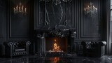 A sleek black marble fireplace sits against one wall its flames dancing against the dark stone. The mantel is adorned with silver candelabras adding to the luxurious and moody atmosphere. .