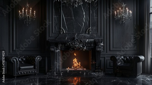 A sleek black marble fireplace sits against one wall its flames dancing against the dark stone. The mantel is adorned with silver candelabras adding to the luxurious and moody atmosphere. .
