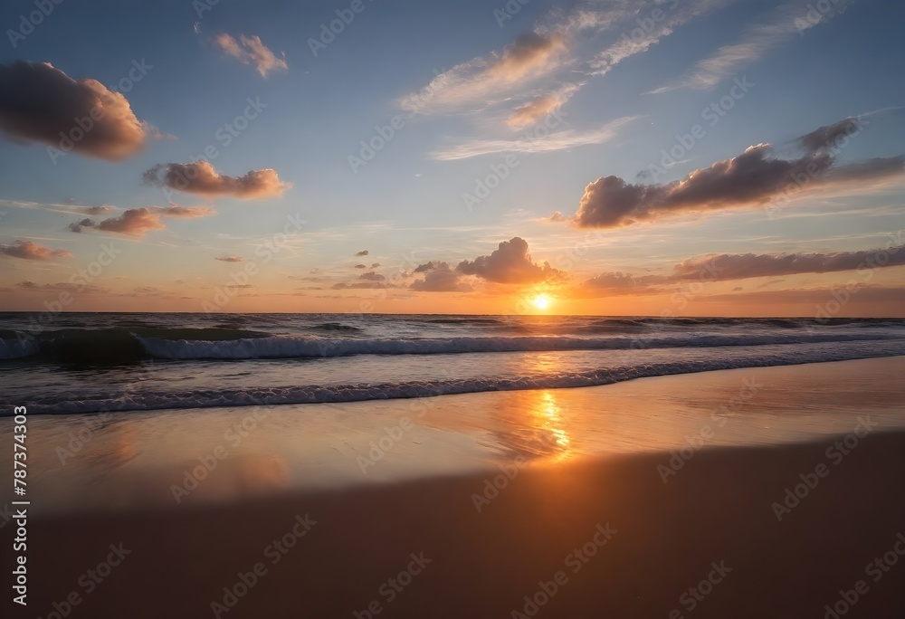 Sunset at the beach with waves and clouds in the sky