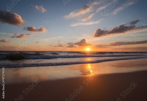 Sunset at the beach with waves and clouds in the sky