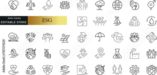 ESG Enviornmental, Social, and Governance line icons set. ESG outline icons with editable stroke collection. Includes Governance, climate crisis, sustainability, ecology, photo