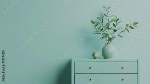 Minimalist composition of elegant and outstanding space with copy space blue commode green leaves in vase decorations and personal accessories Home decor Template : Generative AI photo