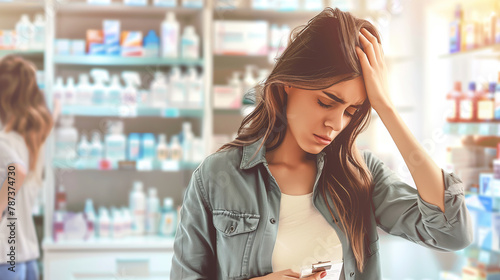 a woman with a sore head with a prescription is standing in a pharmacy, she is sick