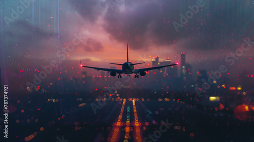 Airplane In Flight At Twilight With Blurred City