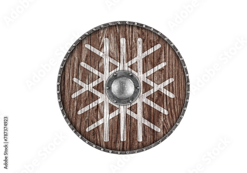 Old wooden round shield decorated with norse symbol of web of wyrd also known as the nore matrix of fate isolated on white background