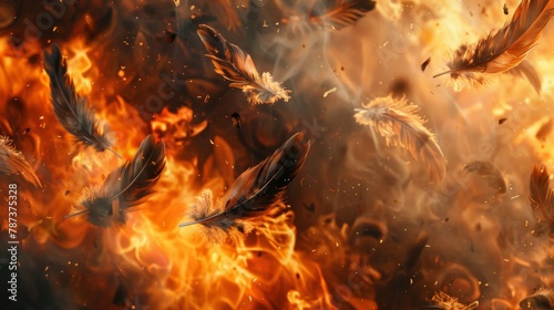 Feathers on fire background