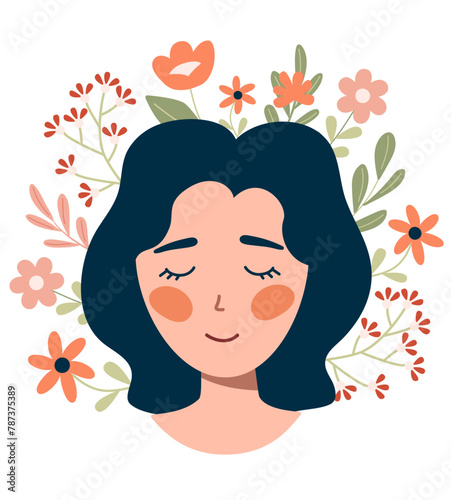 Mental health. Beautiful woman and flowers. Vector illustration Mental health. Healthy mentality and self care illustration.