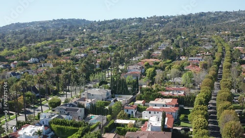 Cinematic aerial shot of Beverly Hills homes, palm trees, lush greenery, trees