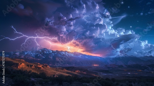 Nature Power: A photo of a lightning bolt illuminating the night sky over a mountain range © MAY