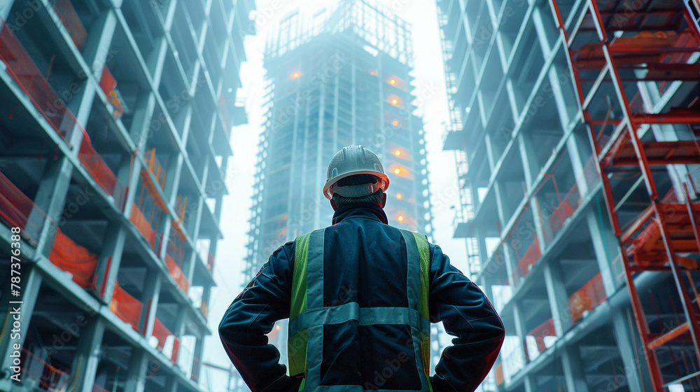 Back perspective of a seasoned construction engineer in a safety helmet intently examining a large skyscraper under construction Back perspective of a seasoned construction engineer in a safety helmet intently examining a large skyscraper under construction
