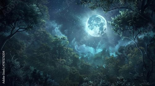 Captivating artwork of a bright moon above a dense magical forest steeped in darkness and fairy tale mystique