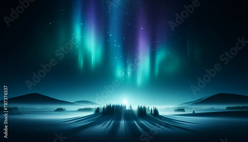 A panoramic background image of Northern Lights in a clear night sky. The scene captures the vivid colors of the aurora borealis, including greens