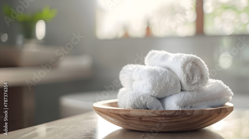 Towels on wood plate with copy space blurred bathroom background For product display montage   Generative AI