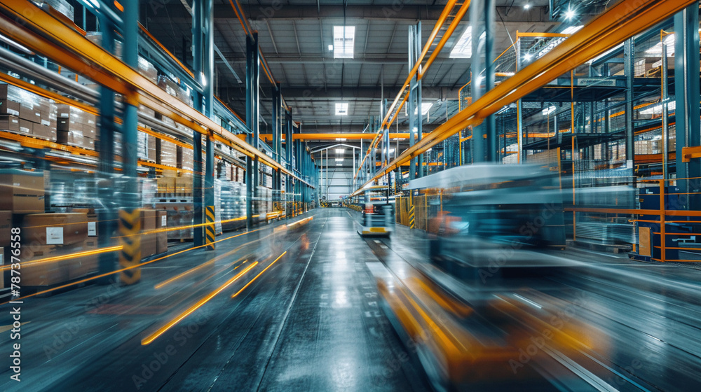 Artistic long exposure view inside a modern warehouse with workers and machines blurred in motion highlighting industry pace Artistic long exposure view inside a modern warehouse with workers and machines blurred in motion highlighting industry pace