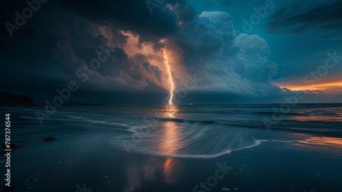 Thunder and Lightning: A photo of lightning striking the ocean, with the bolt reflected in the water