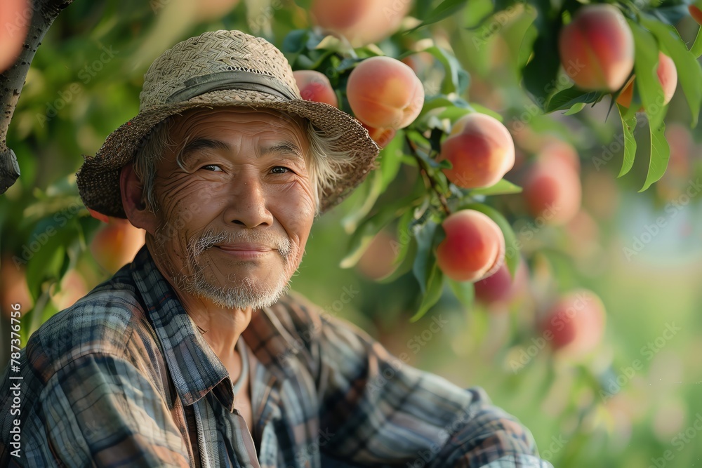 smile Old farmer among peach trees.