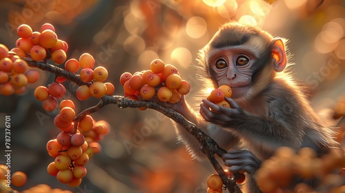 A primate enjoys natural foods by eating berries from a tree branch photo