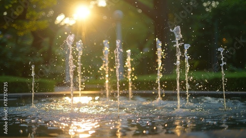 Water Spark  A photo of a fountain in a park  with the water shooting up into the air and catching the sunlight