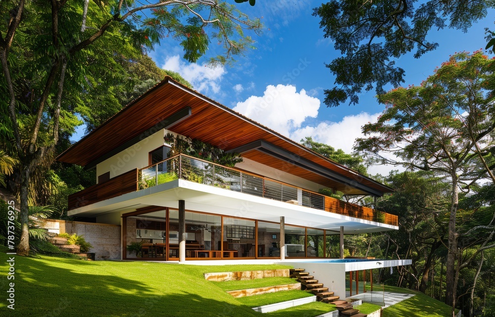 Exterior of a modern luxury chalet house in Latin American style.
