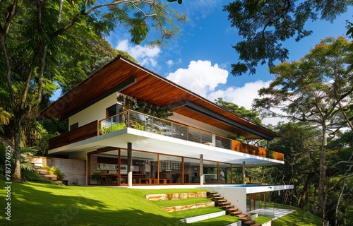 Exterior of a modern luxury chalet house in Latin American style. © Сергей Дудиков