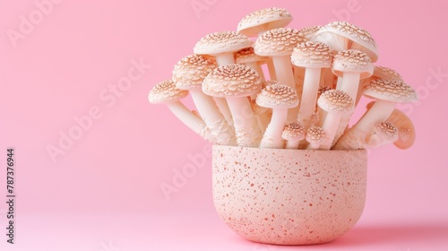 Shiitake mushroom   lentinula edodes   displayed on a soft and delicate pastel colored background photo