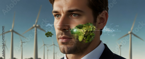 Renewable Energy Triumph: Smart American Businessman Double Exposure in Natural Business Theme