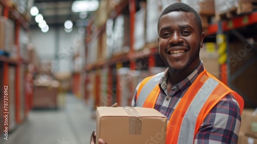 Smiling Warehouse Worker with Package