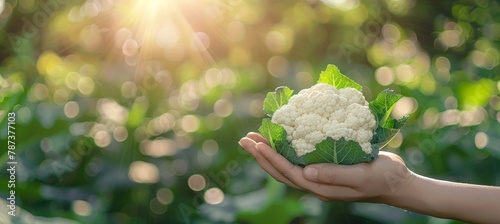 Hand holding fresh cauliflower with selection on blurred background, copy space available