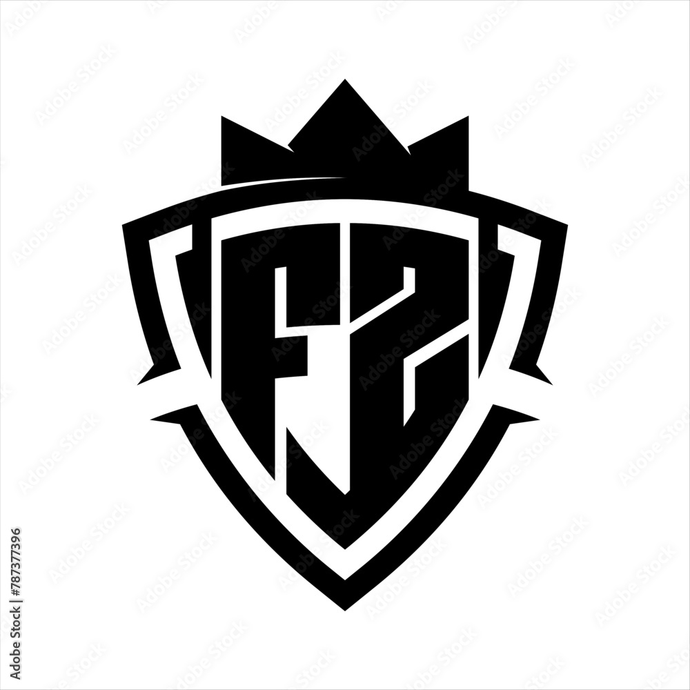 FZ Letter bold monogram triangle curve shield shape with crown black and white background color design FZ Letter bold monogram triangle curve shield shape with crown black and white background color design