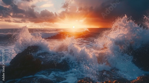 Impressive force of waves hitting rocks at sunrise