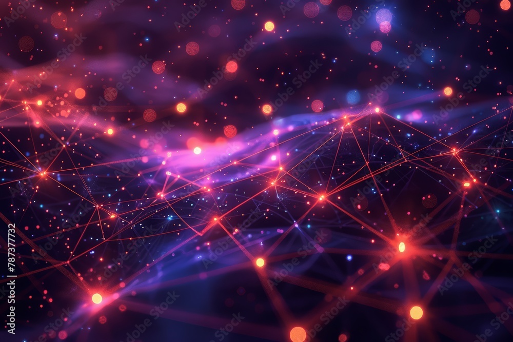 Intense scene inside a cybersecurity war room, Complex network of nodes and connections with lights, abstract representation of data, neural networks, cosmic web, underlining connectivity. Intense scene inside a cybersecurity war room, Complex network of nodes and connections with lights, abstract representation of data, neural networks, cosmic web, underlining connectivity.