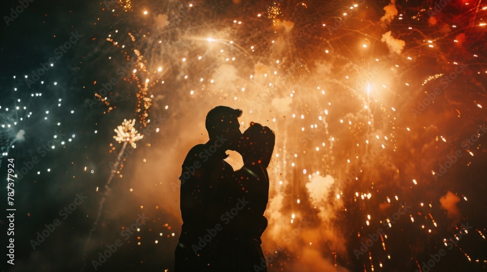 A couple kissing under a shower of fireworks during 4th of July celebrations.