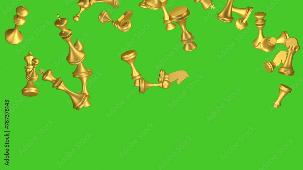 Rain of chess pieces. Falling chess pieces on the green screen. The concept of board games and hobbies. 3D animation.