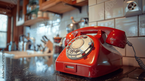 Vintage red rotary phone on kitchen countertop
