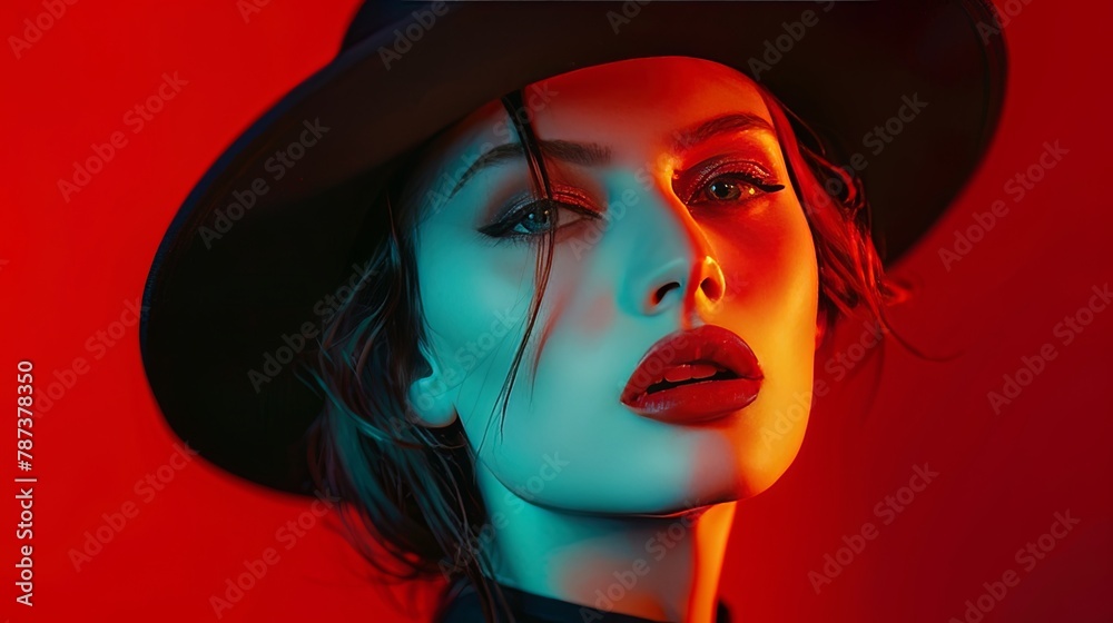 Mysterious woman with hat in red and blue neon lights Mysterious woman with hat in red and blue neon lights