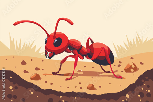 Cartoon ants colony and ant hill. red color ant in the ant hill. Cartoon ants colony and ant hill