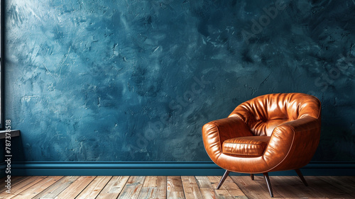 Living room with a leather-based chair contrary an empty darkish blue wall. photo