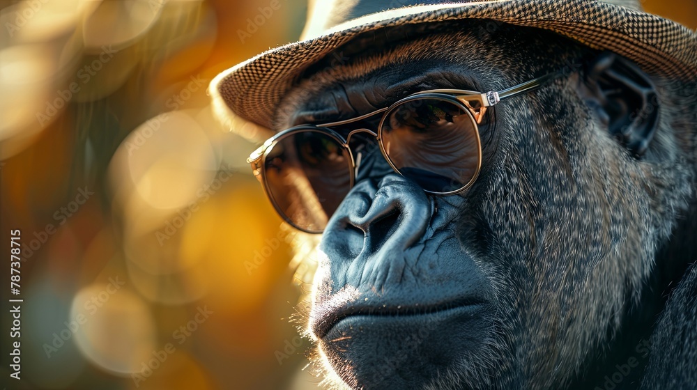 Gorilla portrait in sunglasses against a golden bokeh background