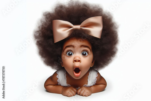 funny face of a surprised afro baby girl with bow shot at a wide angle isolated on a white background