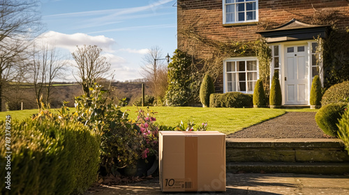 Postal service, home delivery and online shopping, parcel box on a house doorstep in the countryside, generative ai © Anneleven