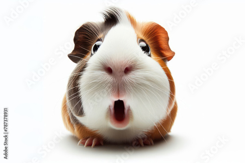 funny face of a surprised guinea pig shot at a wide angle isolated on a white background