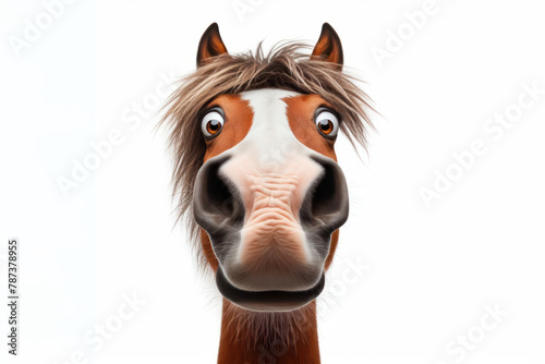 funny face of a surprised horse shot at a wide angle isolated on a white background