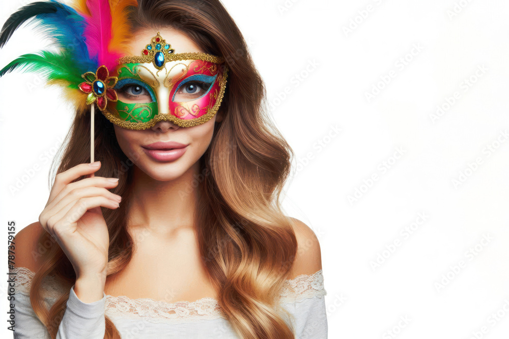 Naklejka premium woman wearing a colorful carnival mask isolated on white background