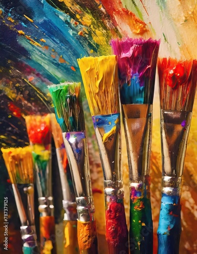  Colorful paint brush splashes on canvas. Row of artist paintbrushes closeup on artistic canvas