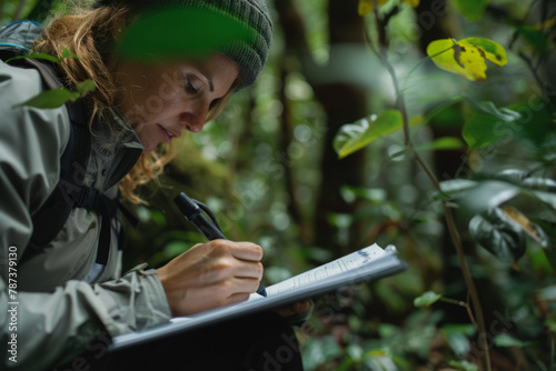 An environmental researcher meticulously documenting findings in a forest, underscoring a dedication to ecological preservation and sustainability