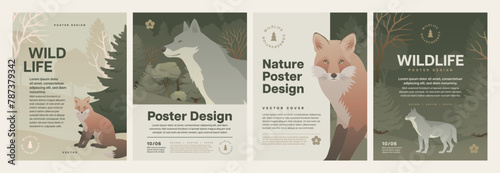 Forest animal poster design set. Animals in nature background vector illustration. Color landscape with trees, fox and wolf for flyer or letter.
