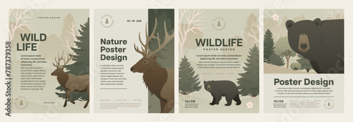 Forest animal poster design set. Animals in nature background vector illustration. Color landscape with trees, bear and deer for flyer or letter. © Anastasiia Neibauer